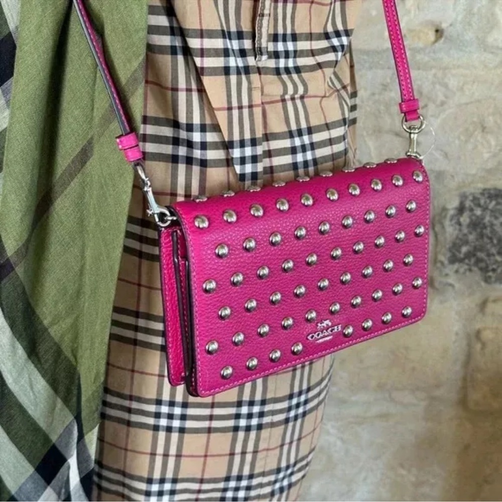 Coach CM851 Anna Foldover Clutch Crossbody Rivets Cerise Pebble Leather
